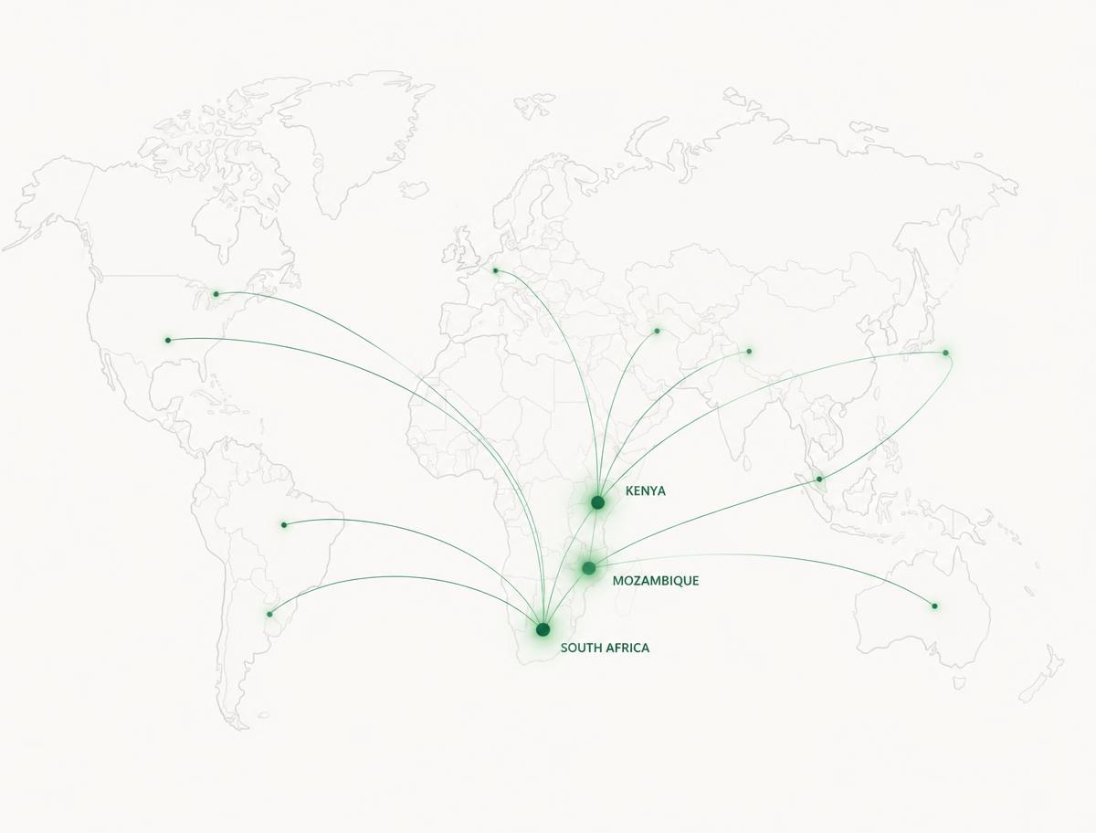 World map showing Nextra's network from South Africa across Africa and the world